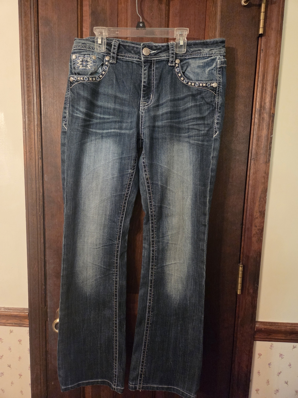 Grace Dark Blue Boot Cut Jeans with Studded Pockets 29 W 30 L